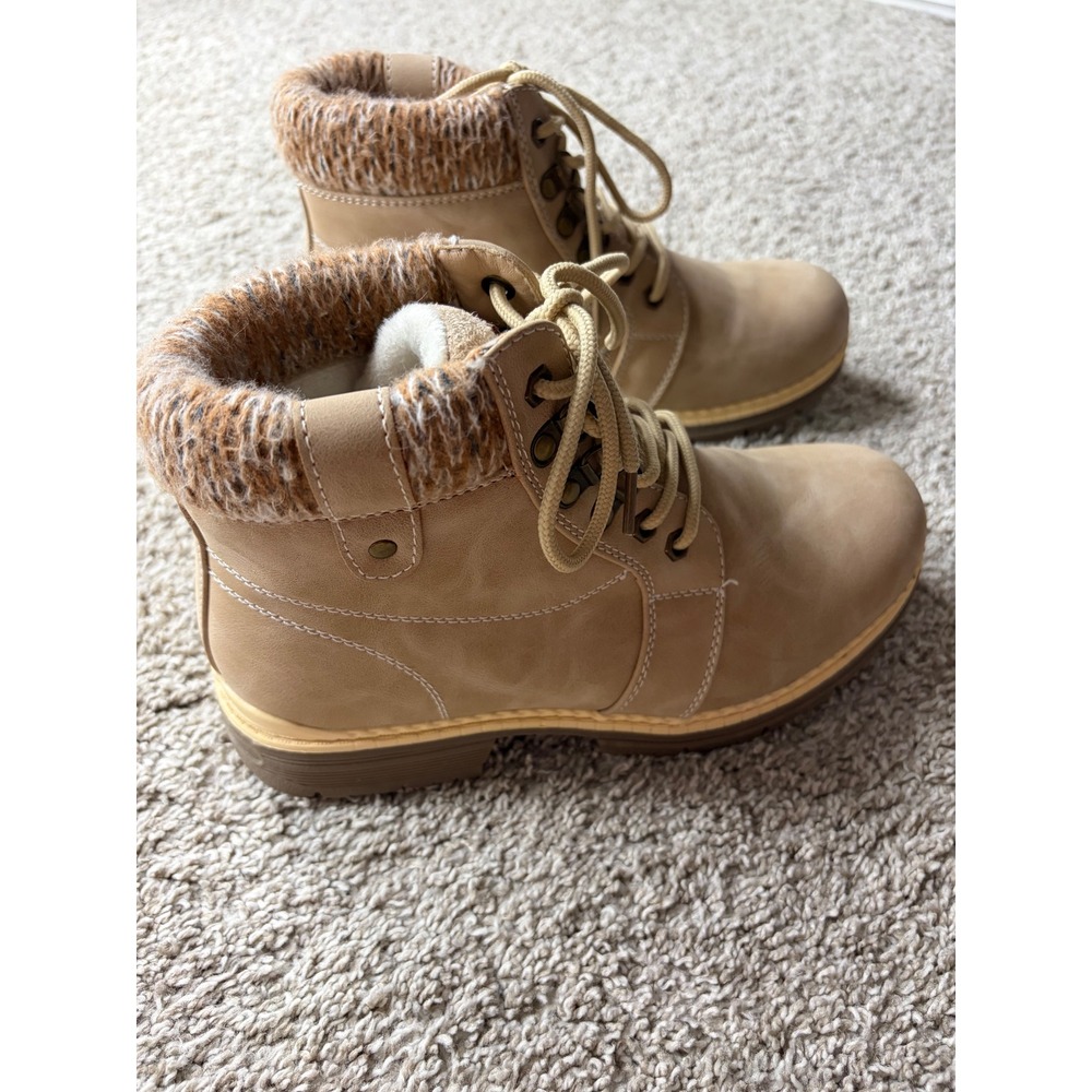 Anjou Femme Tan Faux Leather Lace Up Hiking Boots with Knit Collar Size 8
